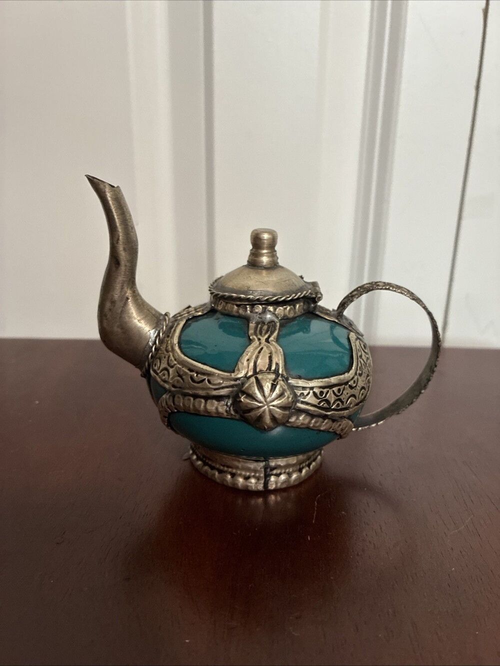 Vintage Moroccan Miniature Teapot Teal Ceramic Silver Metal Filigree Decorative